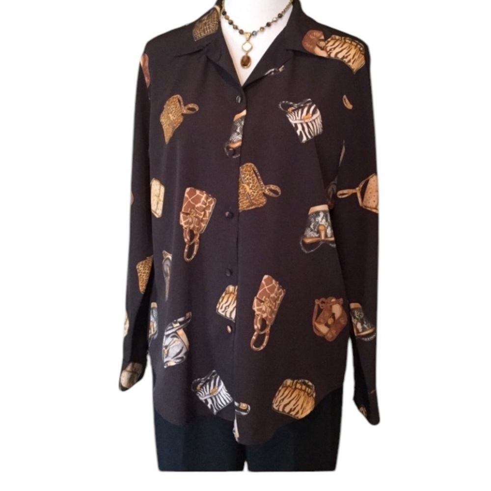 Dress Barn size large black animal print handbag motif button down shirt